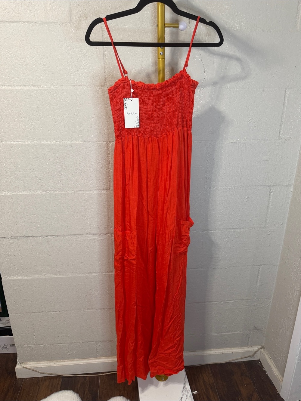Pantalon Red Smocked Strap Maxi Jumpsuit